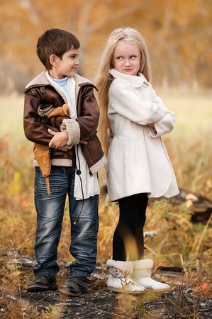 Meeting the young aviator with the girl in the field autumn clear dayの写真素材