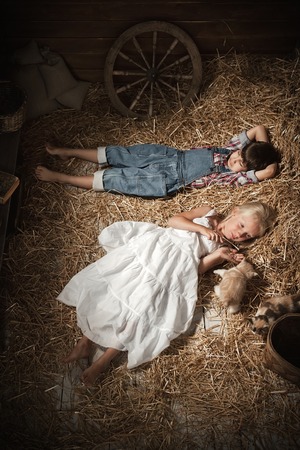 Young children are going out with a kitten on the hay in the barnの写真素材