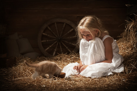 Little girl feeding a kitten milk in barnの写真素材