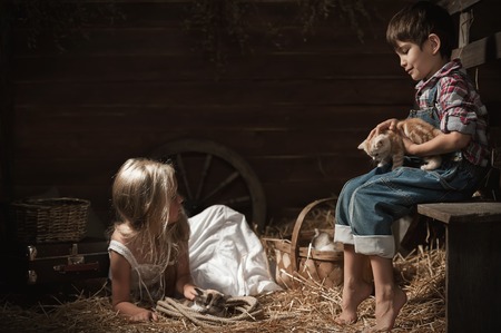 Little children playing with kittens in a barn on strawの写真素材