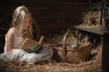 Girl reads a book a kitten sitting on hay in the barnの写真素材