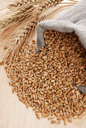 Wheat and the scattered bag with a grain on a wooden surfaceの写真素材