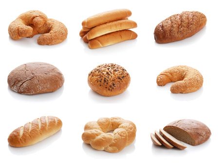 Collage from the various breads isolated on whiteの写真素材