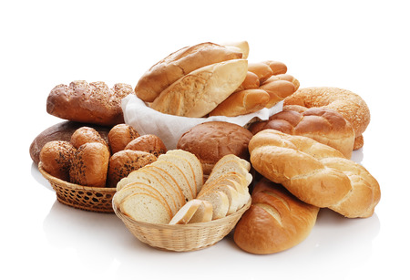 Heap of different bread on a white backgroundの写真素材