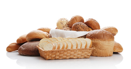 Heap of different bread on a white backgroundの写真素材
