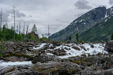 Stormy mountain river in the mountains summer cloudy dayの写真素材