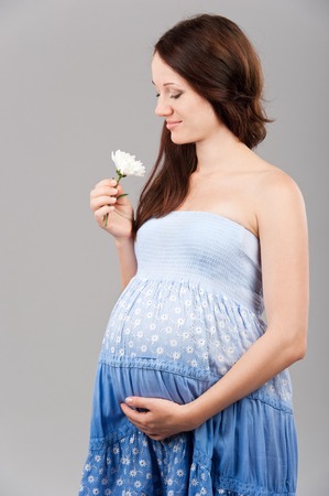 Portrait of the young pregnant girl on a gray の写真素材