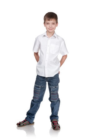 Portrait of the happy boy on a white backgroundの写真素材