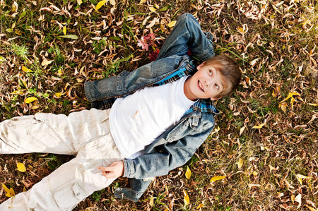 Portrait of the boy lying on the grass with autumn leaves on a warm sunny dayの写真素材