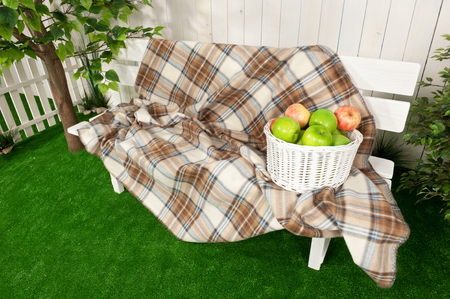 Bench with a basket of apples at the fence in the gardenの写真素材