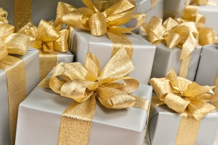 Pile of boxes with Christmas giftsの写真素材
