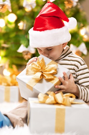 Happy little boy with a gift under the treeの写真素材