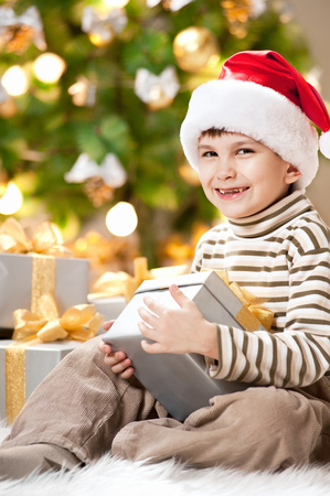 Happy little boy with a gift under the treeの写真素材