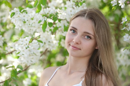 Portrait of a young girl in blossoming apple treesの写真素材