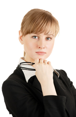 The business woman with eyeglasses in hands on a white backgroundの写真素材