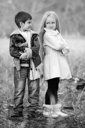 Meeting the young aviator with the girl in the field autumn clear dayの写真素材