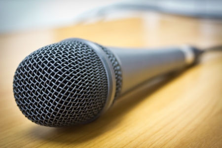 microphone on the wood deskの写真素材
