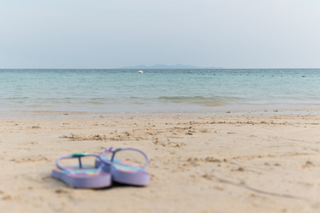 purple flipflop on beachの写真素材