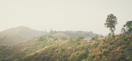 home with fog sky on mountainの写真素材
