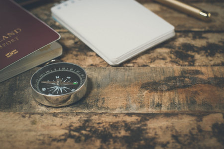 travel accessory equipment on grunge wood