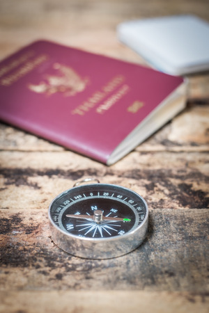 travel accessory equipment on grunge woodの写真素材