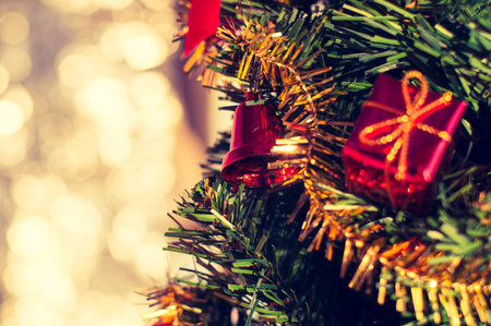 closeup gift ornament on christmas treeの写真素材