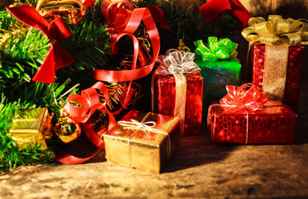 gifts decoration with christmas tree on wood