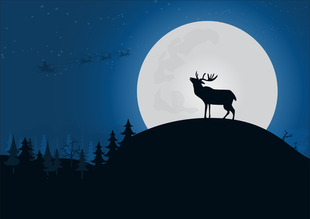 silhouette deer on the hill with moon light in forest winter season. vector illustration christmas conceptのイラスト素材