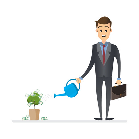 Businessman watering a money tree isolated on white background. vector illustration, business conceptのイラスト素材
