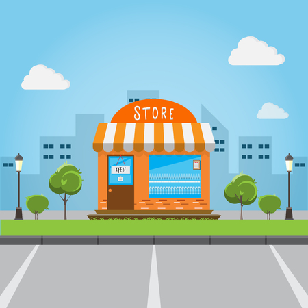 store front building with big city background. vector illustration flat cartoon style. shop facade landscapeのイラスト素材