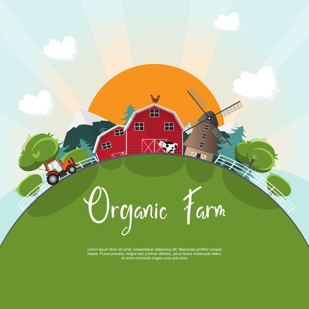 Organic farm. landscape countryside natural farm with big sun vector illustration.のイラスト素材