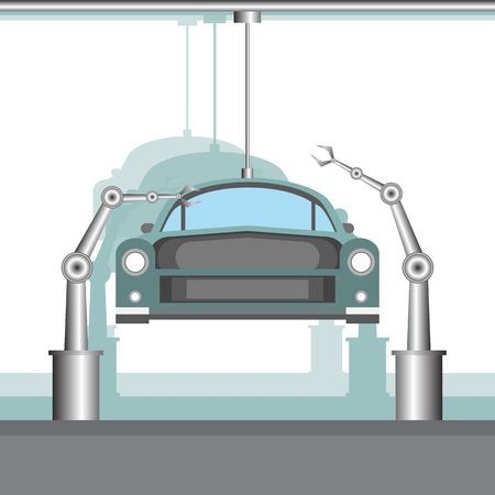 Industrial factory machine and manufacture car process technology  in flat style. vector illustrationのイラスト素材