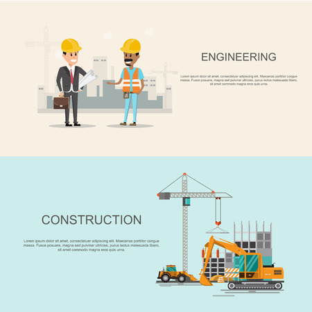 infographics Building site work process under construction with cranes and machines.Vector illustrationのイラスト素材