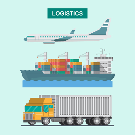 Illustration pour Cargo logistics plane, transportation container ship and truck. vector illustration flat style - image libre de droit