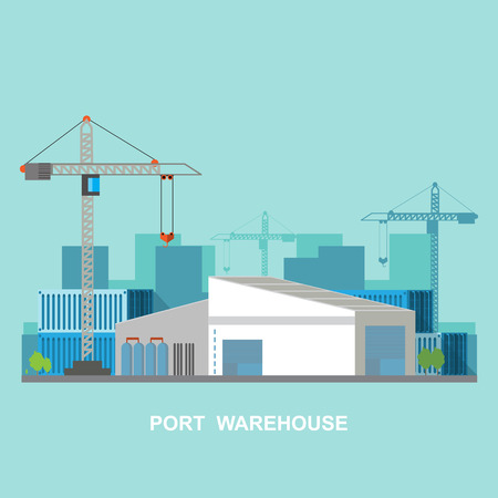 Warehouse and shipping port logistic on a flat style.  Vector illustration transportation and deliveryのイラスト素材
