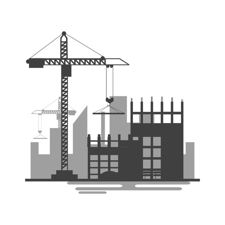 Building site work process under construction with cranes and machines.Vector illustration.のイラスト素材