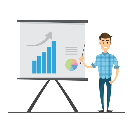 Businessman presenting marketing data and graphs on projector screen. Business concept. Vector Illustrationのイラスト素材