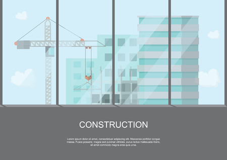 site work process under construction with cranes and machines on height building view. Vector illustration.のイラスト素材