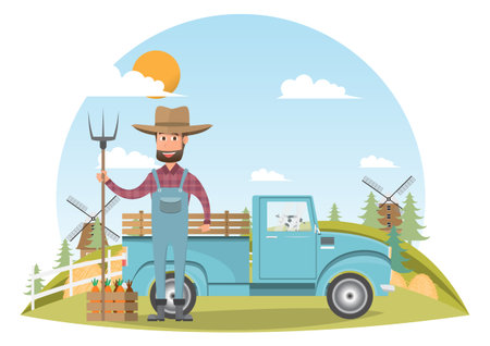 farmer cartoon character with milk cow in organic rural farm. vector illustrationのイラスト素材