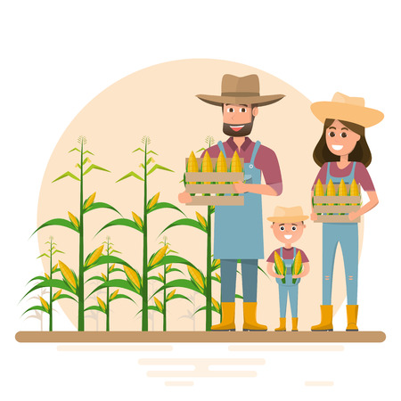 Happy farmer family cartoon character in organic rural farm. Vector illustrationのイラスト素材