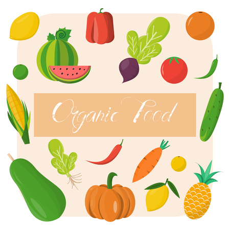 Organic food template. Vector illustration, set of vegetables and fruits. Healthy eating のイラスト素材