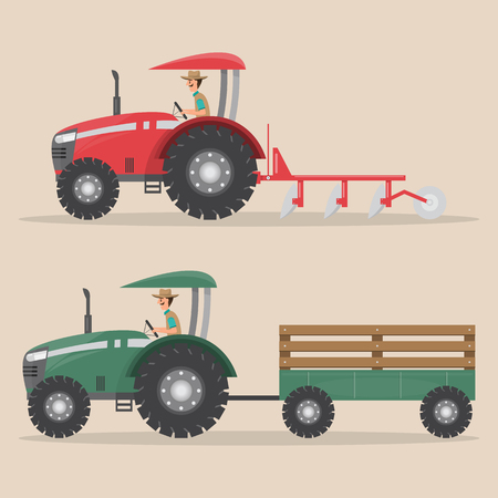set of tractor machine in rural farm, farm truck.  vector illustrationのイラスト素材