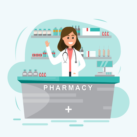 pharmacy with nurse in counter. drugstore cartoon character design vector illustrationのイラスト素材