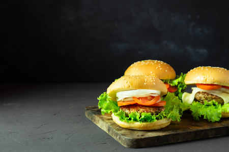 homemade hamburger with pork, onion, tomato, lettuce and cheese on rustic dark background.の写真素材