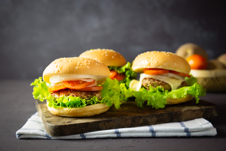 homemade hamburger with pork, onion, tomato, lettuce and cheese on rustic dark background.の写真素材