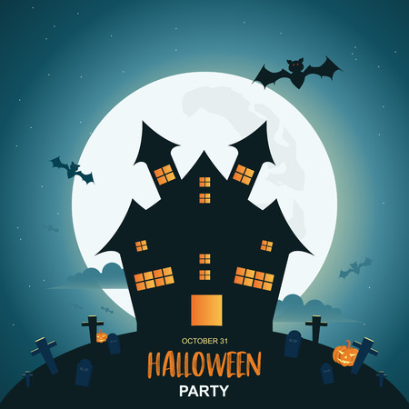 Halloween night background with pumpkin and dark castle under the moonlight. Vector illustration.のイラスト素材
