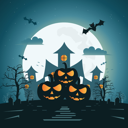 Halloween night background with pumpkin and dark castle under the moonlight. Vector illustration.のイラスト素材