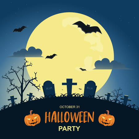 Halloween night background with pumpkin and dark castle under the moonlight. Vector illustration.のイラスト素材
