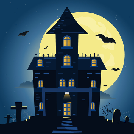 Halloween night background with pumpkin and dark castle under the moonlight. Vector illustration.のイラスト素材