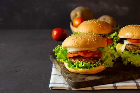 homemade hamburger with pork, onion, tomato, lettuce and cheese on rustic dark background.の写真素材